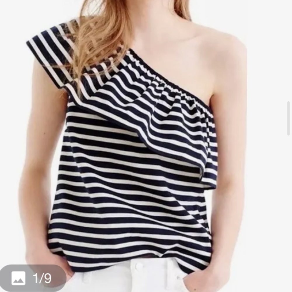 🩷 NWT Crew Stripe Ruffle One Shoulder Top